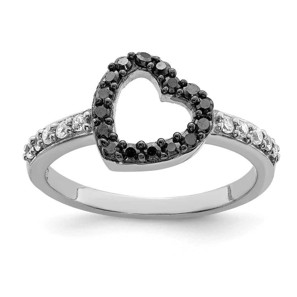 925 Sterling Silver Rhodium Black & White CZ Heart Ring